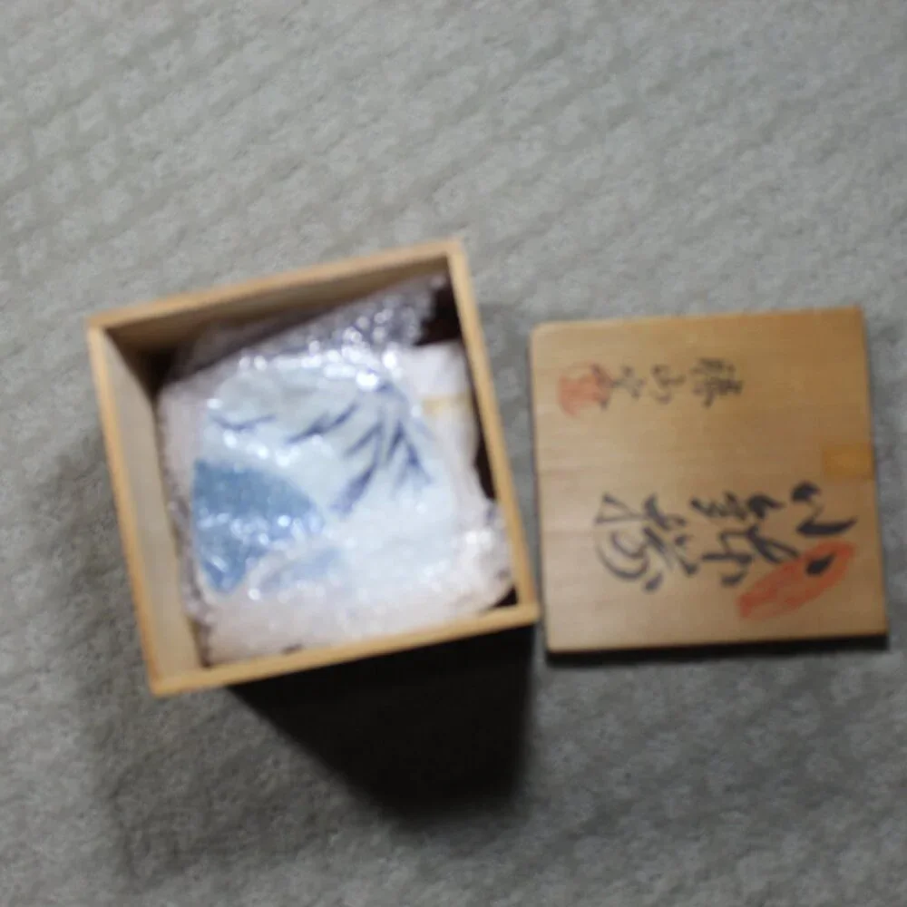 Lot Of 5 Blue White Japanese Porcelain Plate Set With Bamboo Forks In Wooden Box